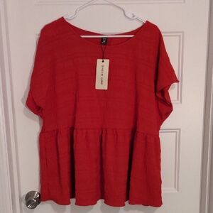 NWT SHEIN Curve Red Textured Short Sleeve Peplum Blouse - 2XL